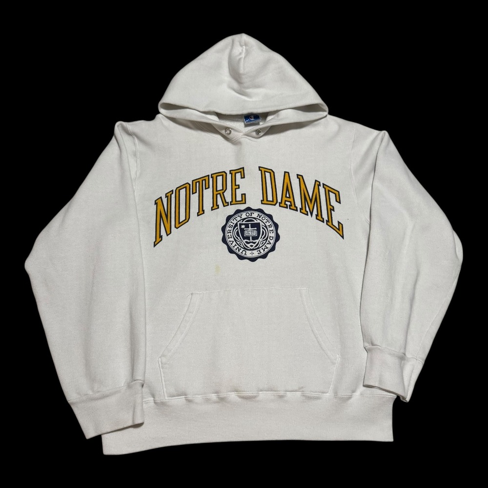 Vintage‎ 90s Notre Dame University Stained White Hoodie Sweatshirt Women's XL